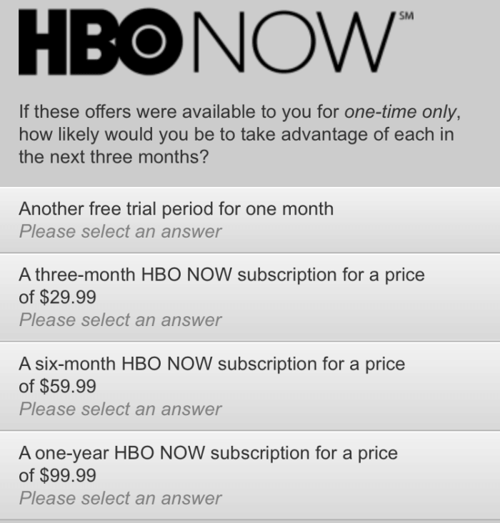 HBO NOW pricing survey