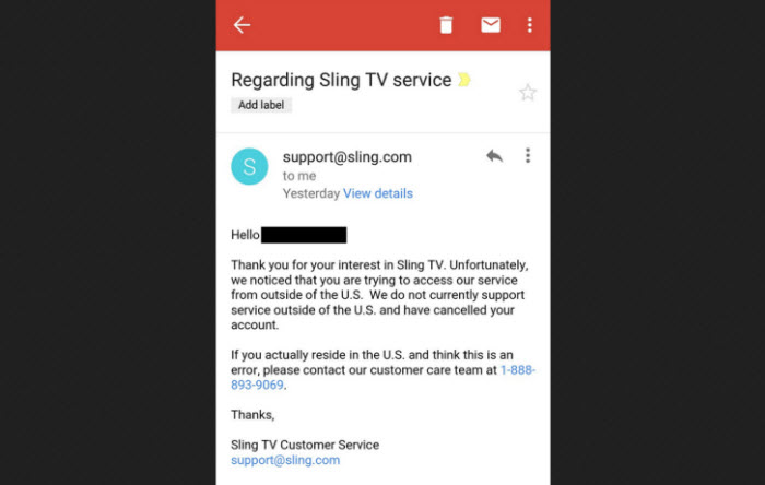 SlingTV support message