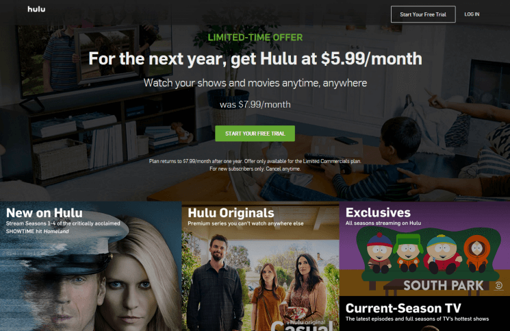 home page for Hulu
